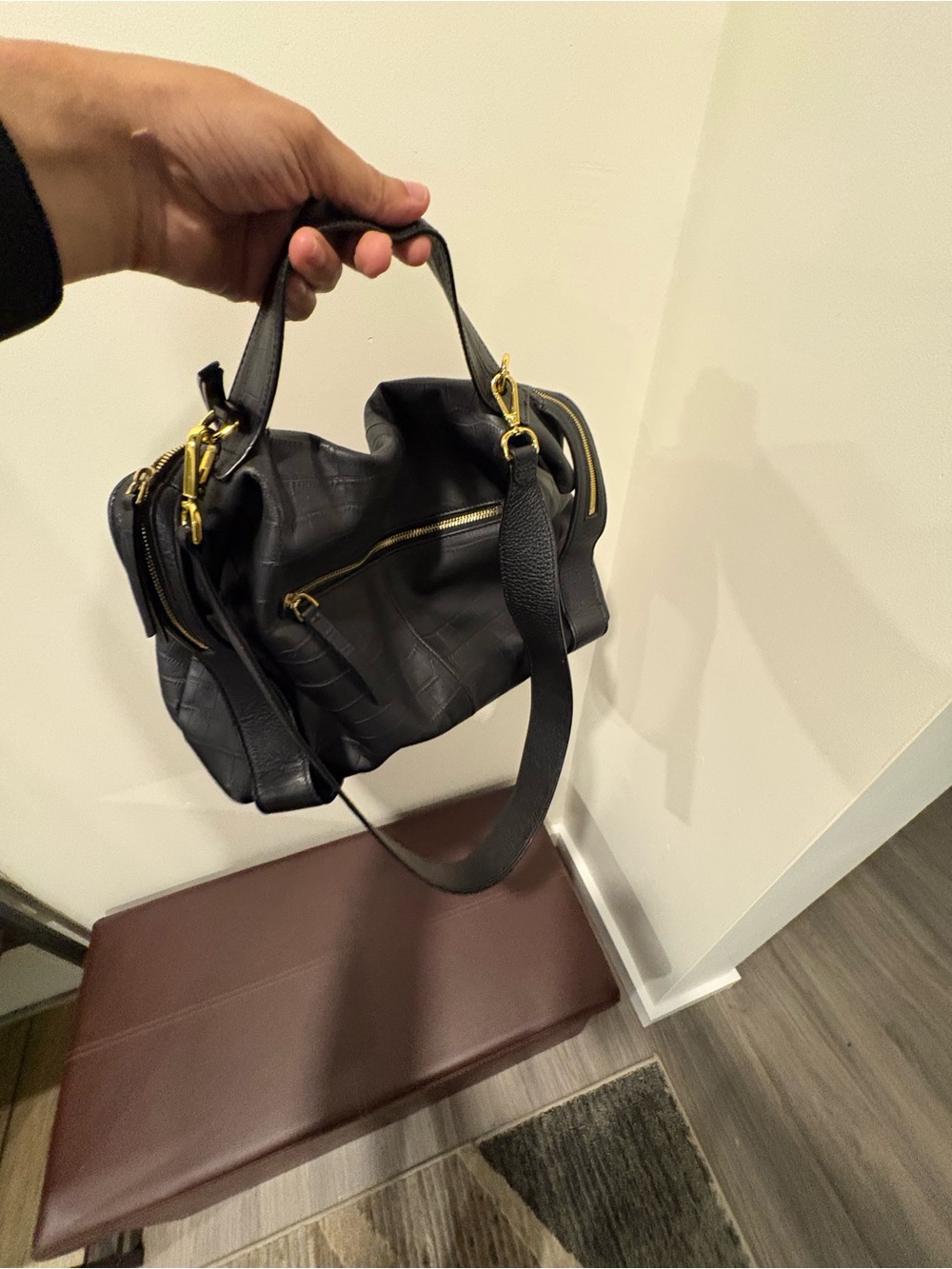 Women's Black Shoulder Bag with Gold Hardware